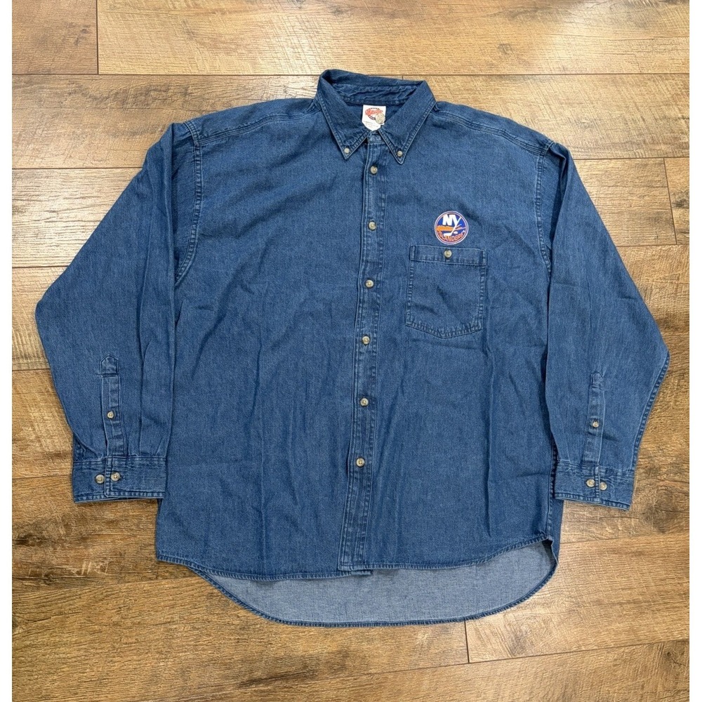 Vintage New York Islanders Embroidered Long Sleeve Denim Button Up Shirt XL Blue